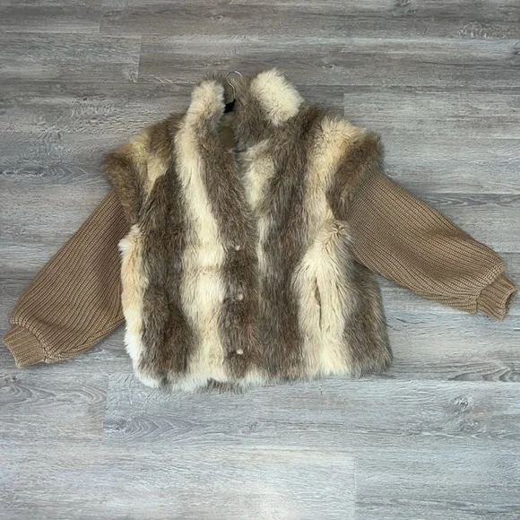 Vintage glamorous chic classic vintage ivory taupe faux fur sweater jacket 13/14 - Picture 12 of 16
